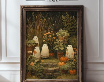 Ghost Garden Art Print, Rustic Halloween Decor (Digital Download)