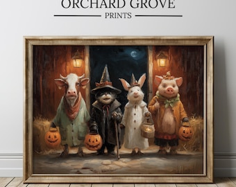 May include: A framed print featuring four costumed animals: a cow, a cat, a rabbit, and a pig, each holding a jack-o'-lantern. The print is set against a barn backdrop with the text "ORCHARD GROVE PRINTS" at the top.