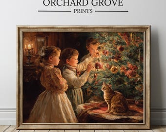 Vintage kinderen versieren kerstboomprint, gezellige vakantiemuurkunst (digitale download)
