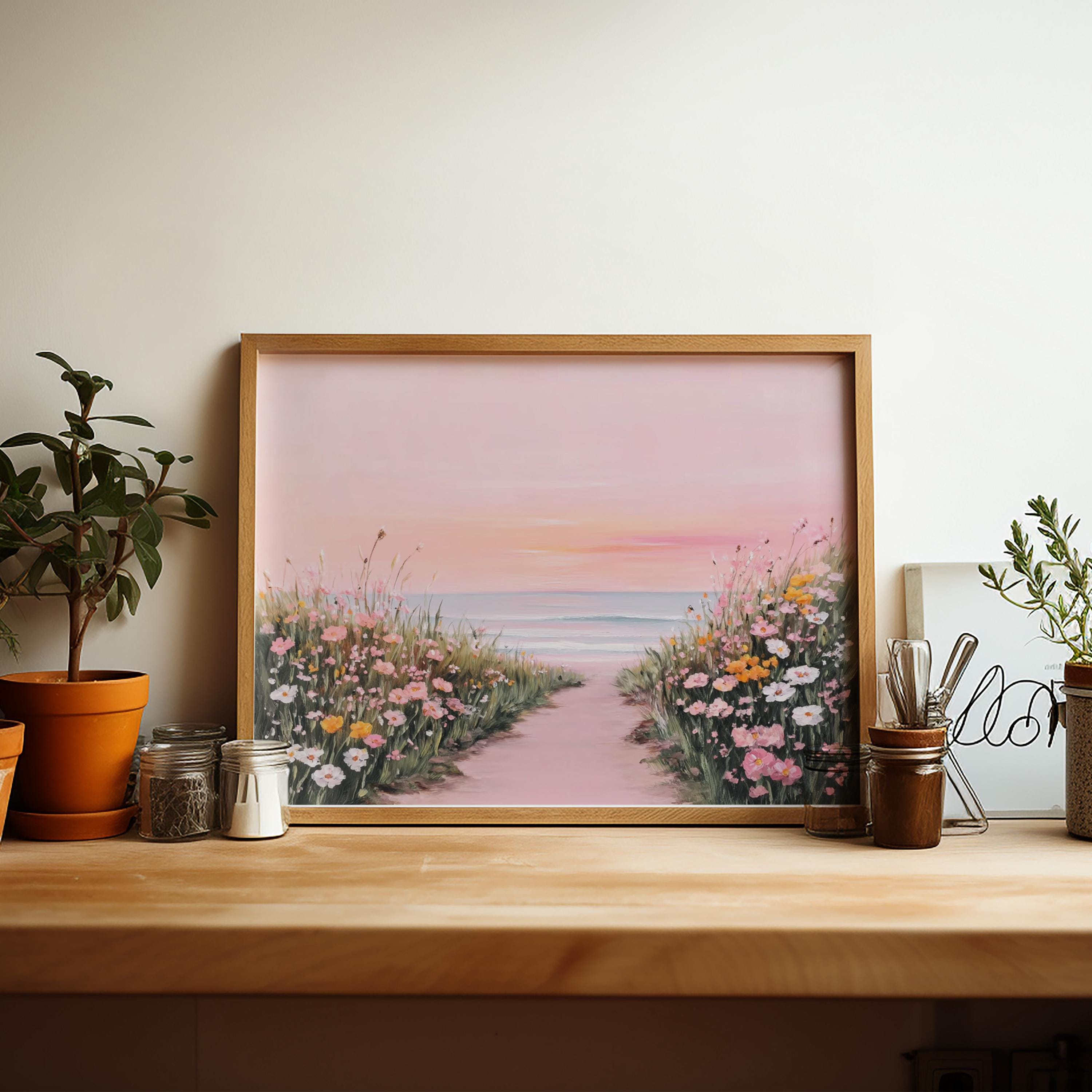 Pink Wildflower Beach Landscape Print Soft Coastal Spring Wall Art ...