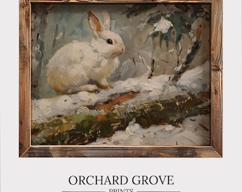 Snow Rabbit Winter Print Winter Woodland Animals Wall Art Vintage Winter Prints Rustic Home Decor Winter Wonderland Winter Hare 195