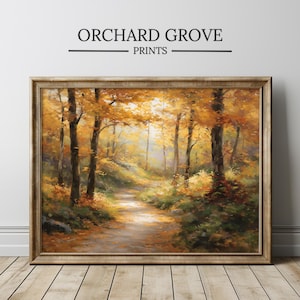 Autumn Leaves Print, Cozy Fall Landscape Wall Art, Vintage Cottagecore Autumn Decor, Rustic Farmhouse Painting, Autumn Leaves Art 386