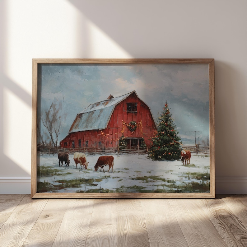 Rustic Red Barn Christmas Print, Farmhouse Winter Wall Art, Holiday Cow ...