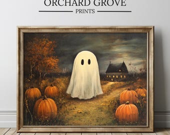 May include: Framed vintage-style painting featuring a friendly ghost in a white sheet with black eyes, standing in a field with orange pumpkins. A house with lit windows is in the background. The text "ORCHARD GROVE PRINTS" is at the top.