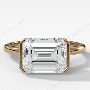 East West Lab Created Diamond Ring, Emerald Cut Solitaire Engagement Ring, Unique Half Bezel Set Ring, 18K Solid Gold Wedding Ring for Her.