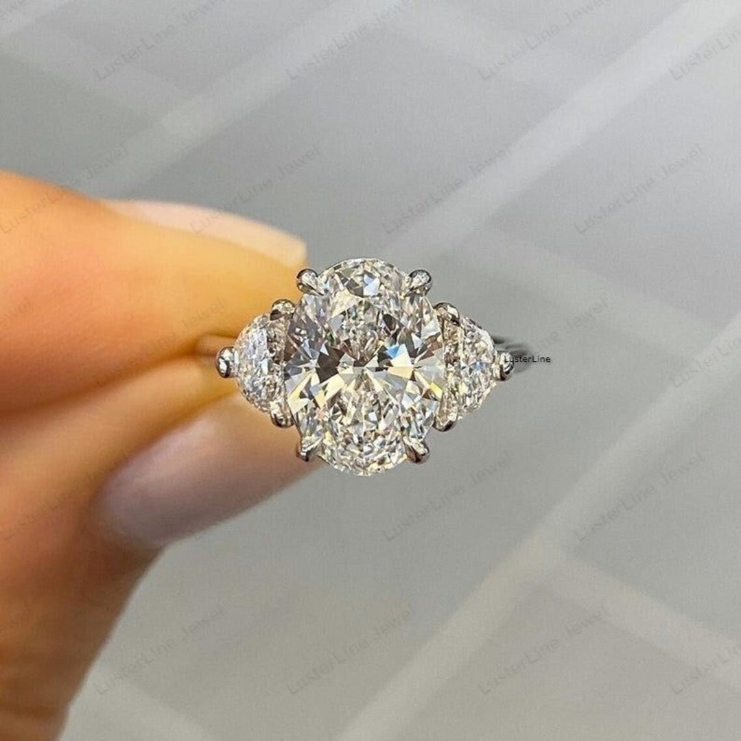 Half Moon Side Diamond Ring, Three Stone Engagement Ring, 2.5 CT Oval ...