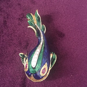 La Triompne 18kt. gold enamel diamond ruby fish pin