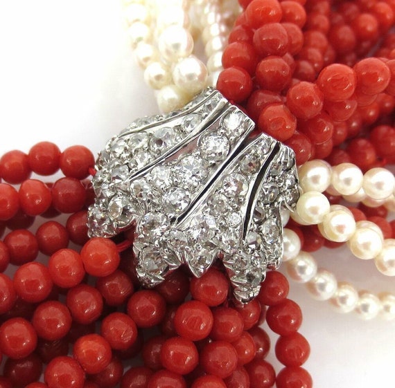 Vintage Coral Pearl Diamond Platinum Gold Necklace - image 4