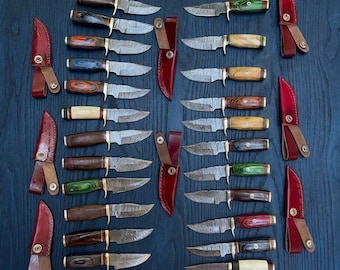 Lot of 20 Handmade Damascus Steel SKINNER Pocket Knives, Wood Handle, Outdoor Tool Wholesale Knife Collection for Collectors and Gift Giving