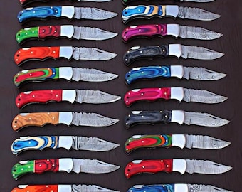 Lot of 20 Damascus Steel Folding Knives, Handmade Camping Hunting Pocket Knives With Leather Sheath, WHOLESALE
