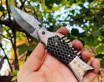 Handmade Damascus Pocket Knife and sheath Camping Knife Folding Knife Personalized Gift for men Wedding Gift birthday Gift Christmas Gift