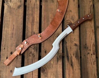 Hand Forged Khopesh Machete, High Carbon Steel Blade, Leather Sheath