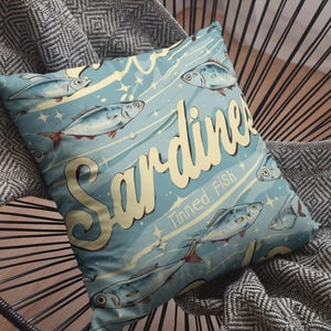 Sardines Tinned Fish Pillow, Retro Coastal Decor, Cabin Throw Pillow,Fisherman Gift, Nautical Home Accent,Cottage Beach House Decor,Hamptons