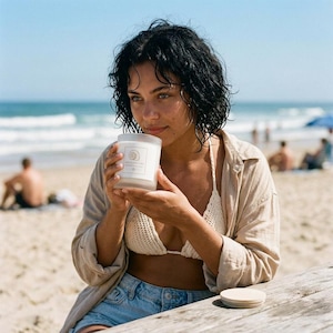 Peut inclure: Une bougie blanche dans un pot en verre transparent avec une étiquette représentant un motif en spirale. La bougie est tenue par une personne sur une plage, avec l'océan et le sable en arrière-plan. La bougie a un couvercle en bois.