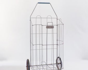 Vintage Rolling Wire Shopping Cart Folding Metal Market Cart