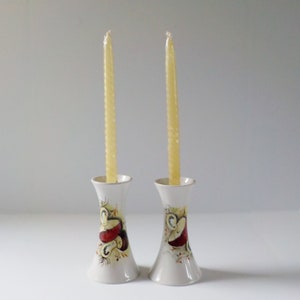 Vintage Ceramic Candle Stick Holders Hand Painted in Italy White with Earthy Mushroom Scene