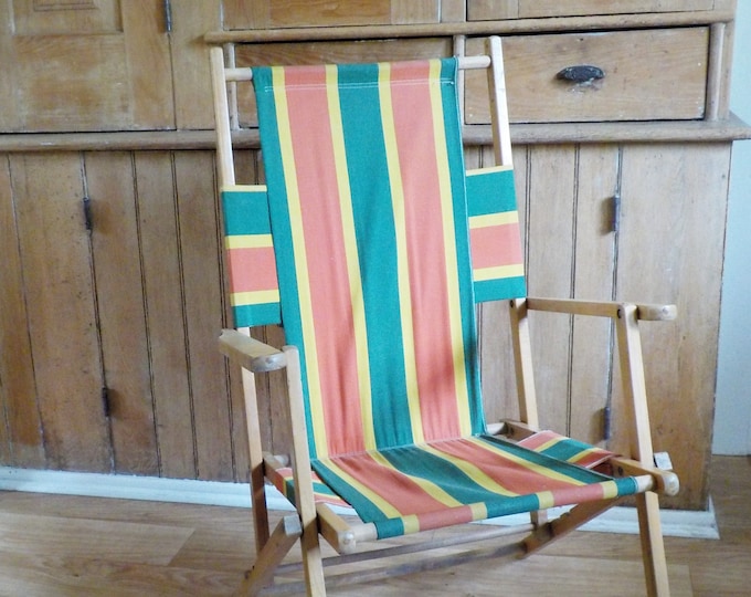 Vintage Folding Wood and Canvas Deck Chair Striped Canvas Etsy