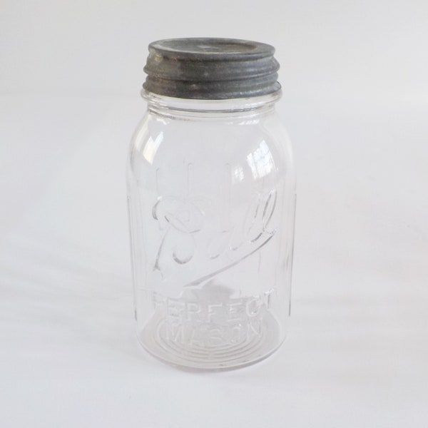 Vintage Clear Ball Perfect Mason 5 Canning Jar with Ball Zinc and Porcelain Lid