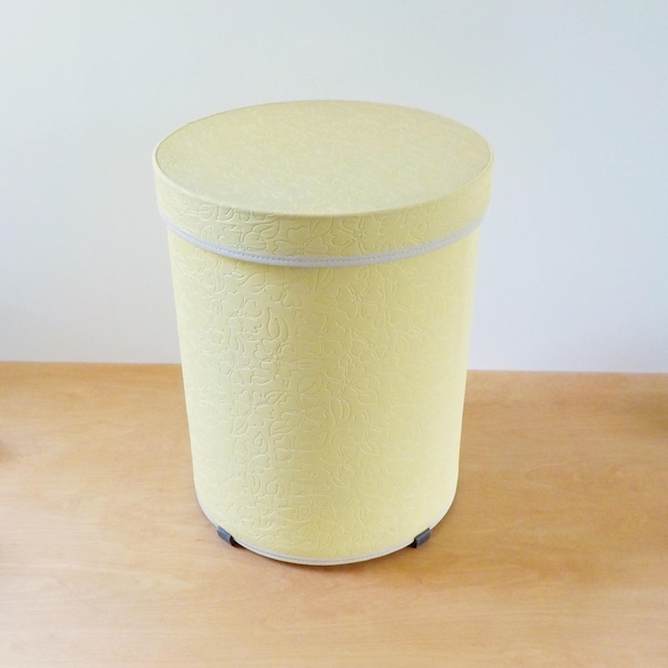 Vintage Round Laundry Hamper Mid Century Yellow Laundry Basket Quilted Vinyl Clothes Basket