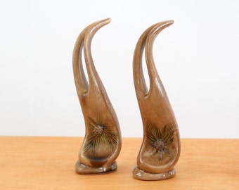 Vintage Mid Century Modern Bud Vases Nature Inspired Pinecone Pair of Brown Vases