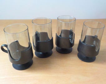 1970's Glasses with Glas-Snap Holders • Glas-Snap Holders by Corning • Black Smokey