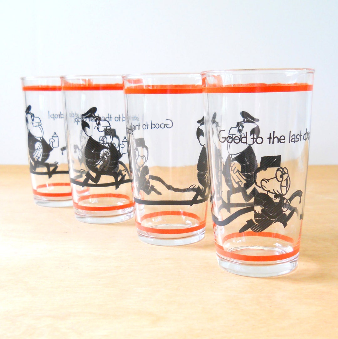 Vintage 1960's Drinking Glasses Hazel Atlas Novelty Bar Glasses Four good to the Last Drop