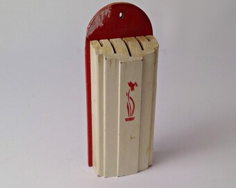 Vintage Knife Holder Wooden White Red Deco Flower