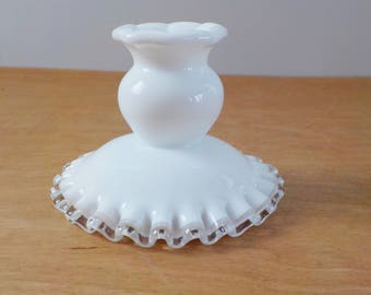 Fenton Glass Candle Stick Holder White Milk and Clear Glass Ruffled Elegant Wavy Glass Candle Holder