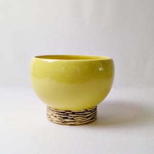 Vintage Mid Century McCoy Planter Pedestal Bowl Planter Modern Yellow Woven Basket Bark Bottom