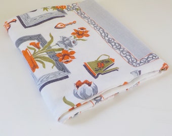 Shabby Vintage Mid Century Americana Tablecloth Floral Orange Fray