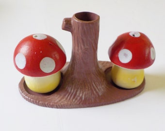 Made in Hong Kong Vintage Plastic Mushroom Salt and Pepper Set Stump Vase or Toothpick Holder