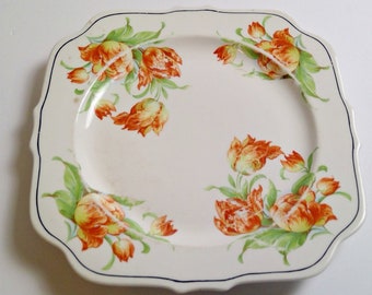 Shabby Vintage AVCO Vitrified China Plate Square Orange Tulips