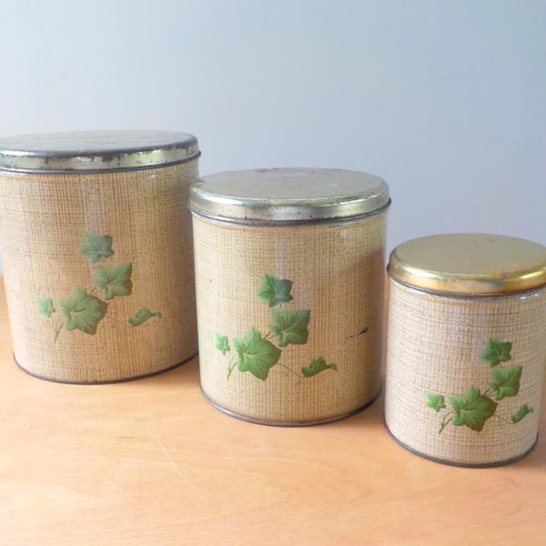 Vintage Decoware Canister Set Faux Burlap and Ivy Canisters Set of 3 Vintage