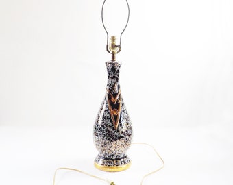 Vintage Mid Century Table Lamp Ceramic Black Gray Gold Splatter Garish