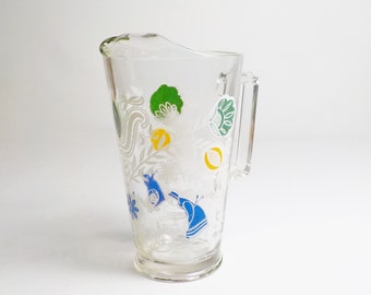 Vintage Clear Glass Mid Century Pitcher 1950s Dutch Inspired Graphics