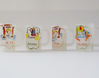 Vintage Hand Painted Frosted Novelty Beer Mugs USA Bavaria Mexico Set of 4