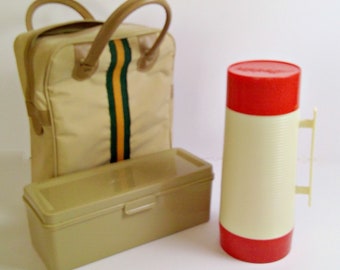 Vintage Picnic Lunch Bag Thermos and Food Box Mid Century Lunch Tote Aladdin Travel Picnic Set