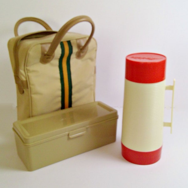 Vintage Picnic Lunch Bag Thermos and Food Box Mid Century Lunch Tote Aladdin Travel Picnic Set