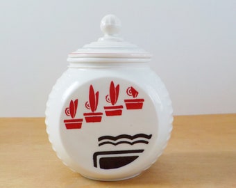 Vintage Fire King Glass Grease Jar 1940s Milk Glass Art Deco Red and Black Fired On Color Flower Pots