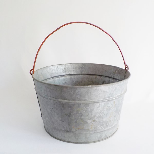 Vintage Galvanized Bucket Rustic Farm Decor Pail with Red Handle