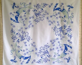 Shabby Vintage Tablecloth Floral Pattern in White Pale Green and Blue