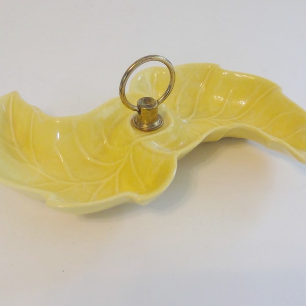 Vintage American Pottery Mid Century Nut Candy Dish Tray MCM Made in the USA No. 9 Yellow Leaf Pattern