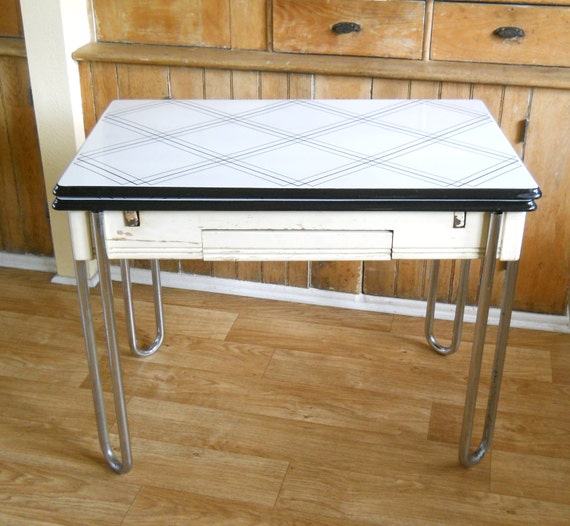 Vintage Enamel Top Table Black and White Metal Chrome and Etsy