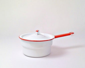 Vintage Red and White Enamelware Pot Saucepan with Lid