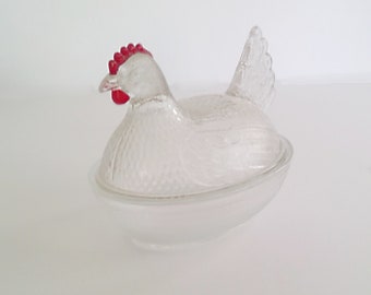 Vintage Nesting Hen Clear Glass Indiana Glass Red Comb