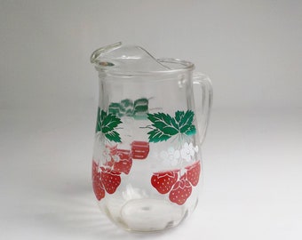 Vintage Mid Century Pitcher Clear Glass with Strawberries