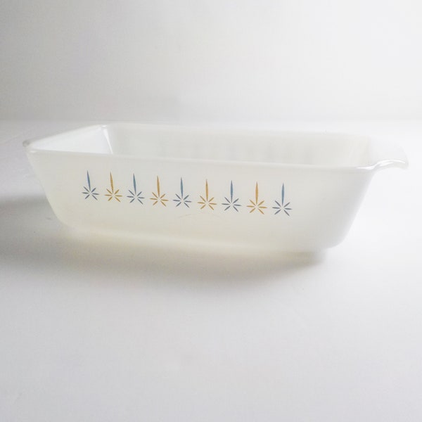 Vintage Fire King Loaf Pan Candle Glow Pattern White Milk Glass with Blue and Gold Flames Anchor Hocking