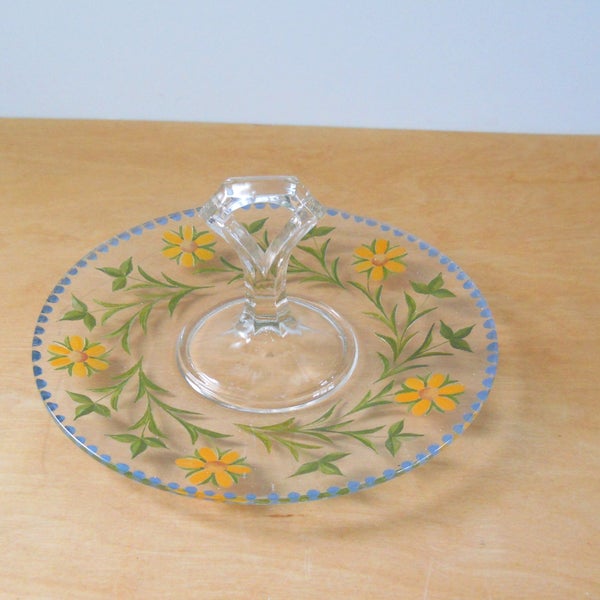 Vintage Hand Painted Petit Four Plate 1930s Handle Etched Serving Plate Clear Glass with Yellow Green and Blue Sandwich Plate