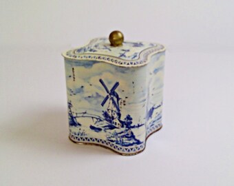 Vintage Metal Tin with Lid Dutch Scene Sailboats and Windmills Blue White