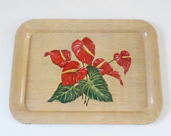 Vintage Metal Anthurium Tray Large Serving Tray Mid Century Blond Faux Bois and Floral